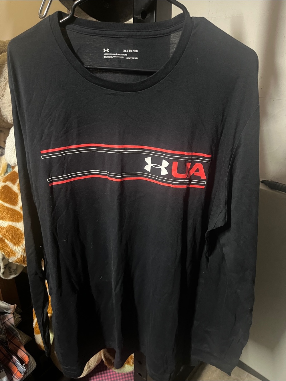 Under Armour Men’s Black Long Sleeve Tee with Red and White Stripes